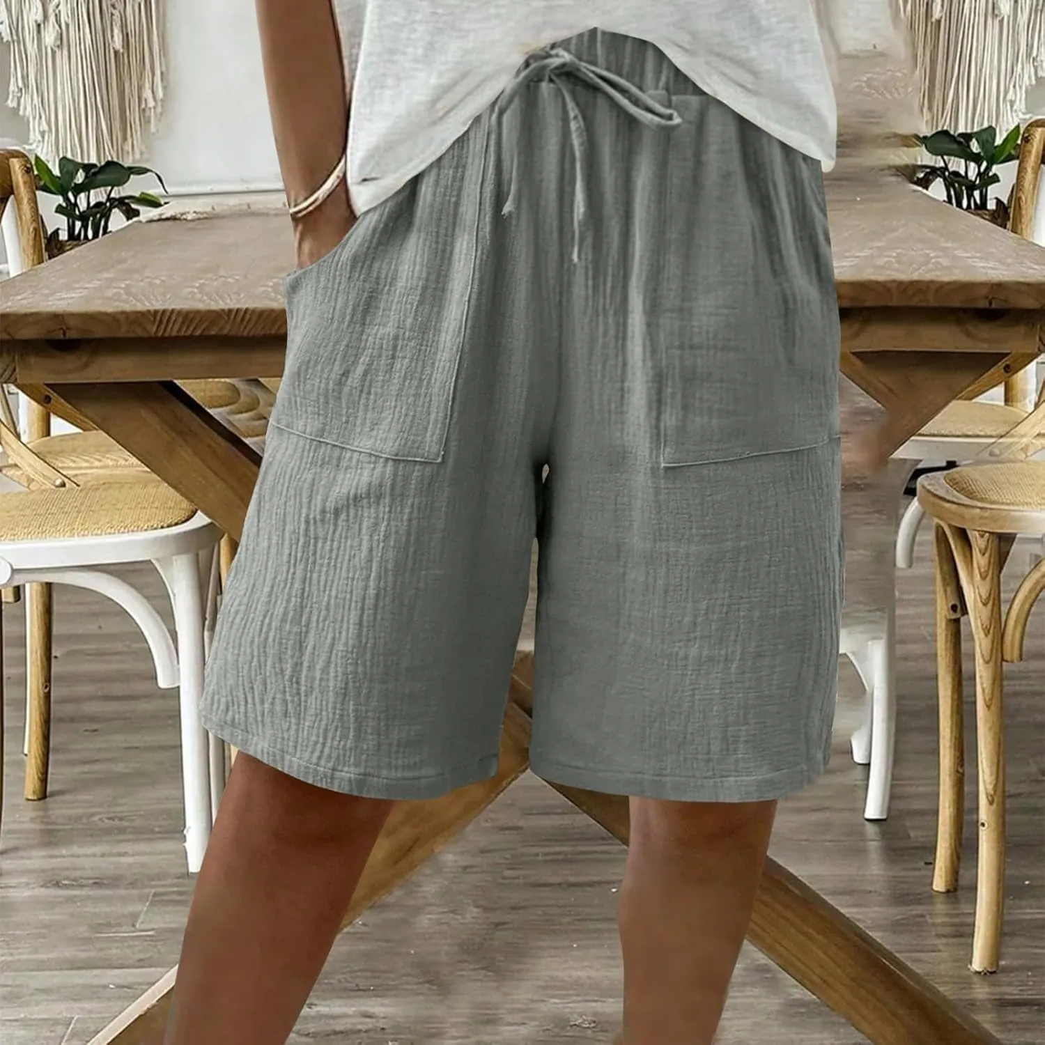 Linen Shorts for Women Knee Length High Waisted Casual Summer 2025 Straight Wide Leg Loose Drawstring Elastic Waist Trouser