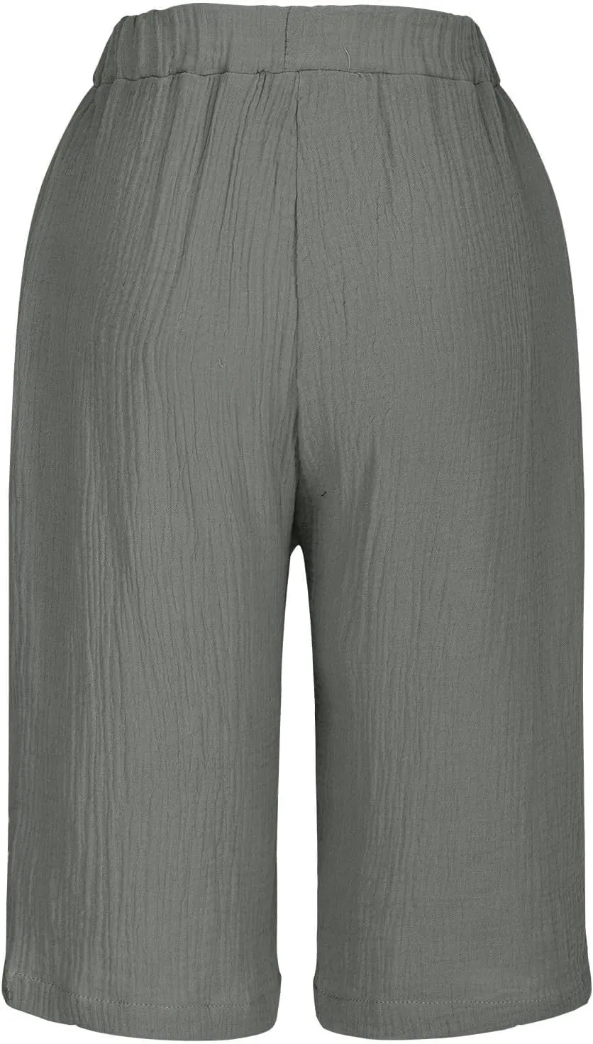 Linen Shorts for Women Knee Length High Waisted Casual Summer 2025 Straight Wide Leg Loose Drawstring Elastic Waist Trouser