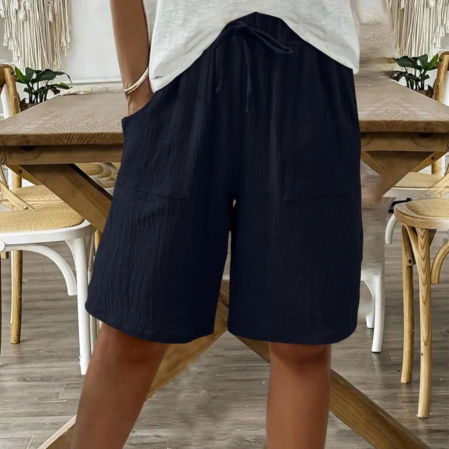 Linen Shorts for Women Knee Length High Waisted Casual Summer 2025 Straight Wide Leg Loose Drawstring Elastic Waist Trouser