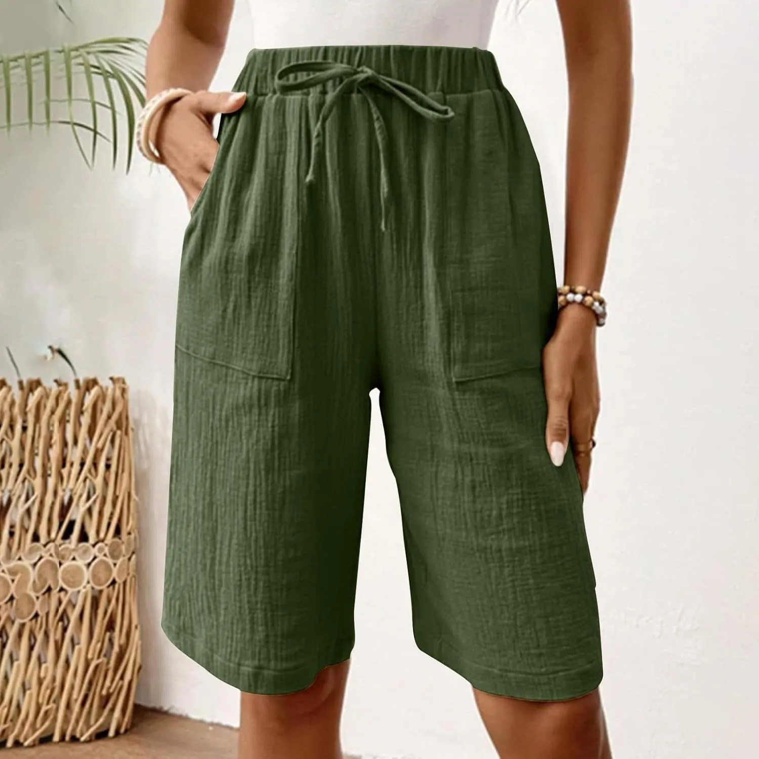 Linen Shorts for Women Knee Length High Waisted Casual Summer 2025 Straight Wide Leg Loose Drawstring Elastic Waist Trouser