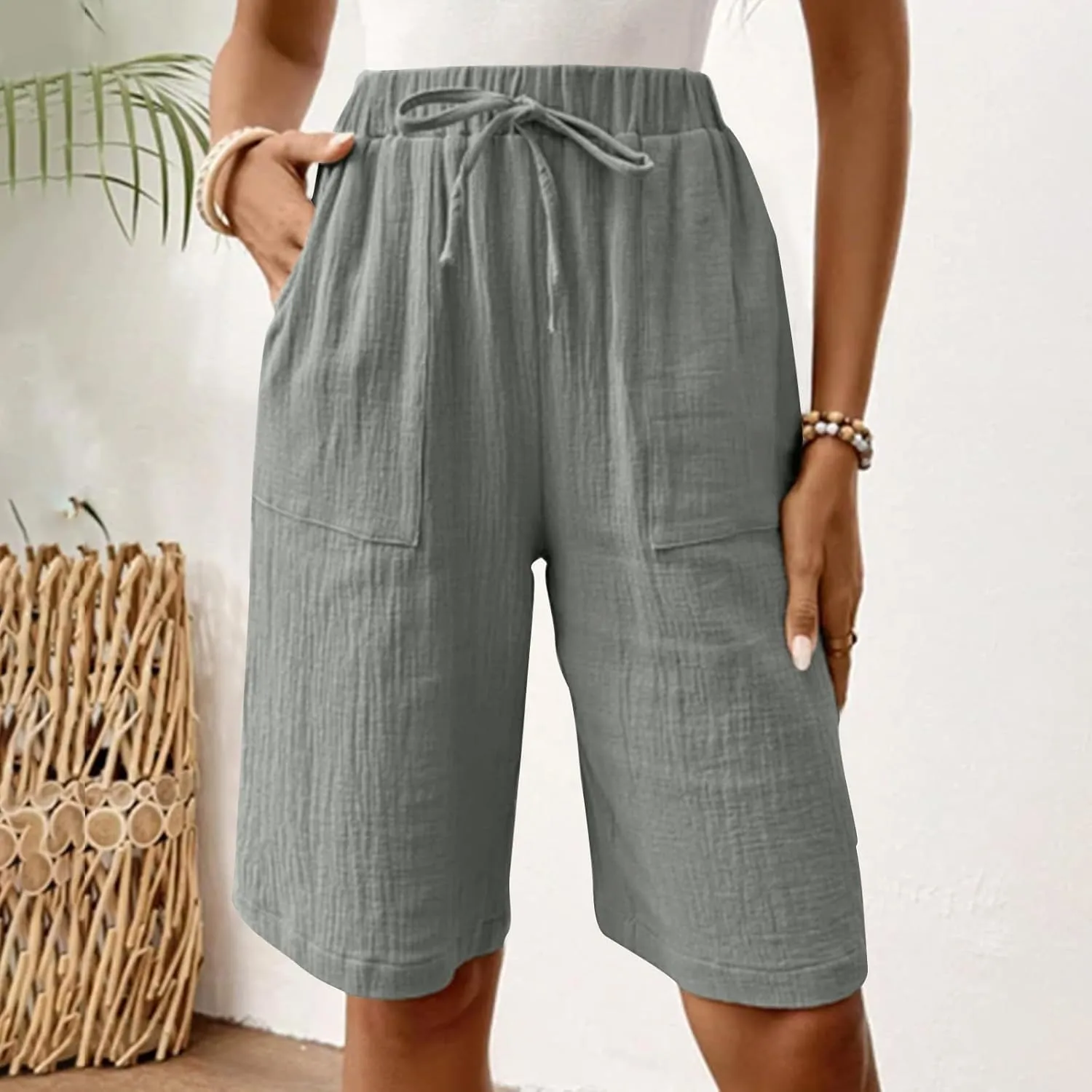 Linen Shorts for Women Knee Length High Waisted Casual Summer 2025 Straight Wide Leg Loose Drawstring Elastic Waist Trouser