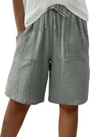 Linen Shorts for Women Knee Length High Waisted Casual Summer 2025 Straight Wide Leg Loose Drawstring Elastic Waist Trouser
