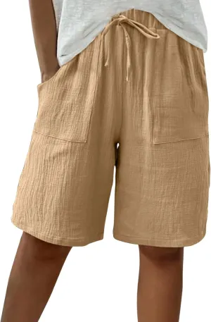 Linen Shorts for Women Knee Length High Waisted Casual Summer 2025 Straight Wide Leg Loose Drawstring Elastic Waist Trouser