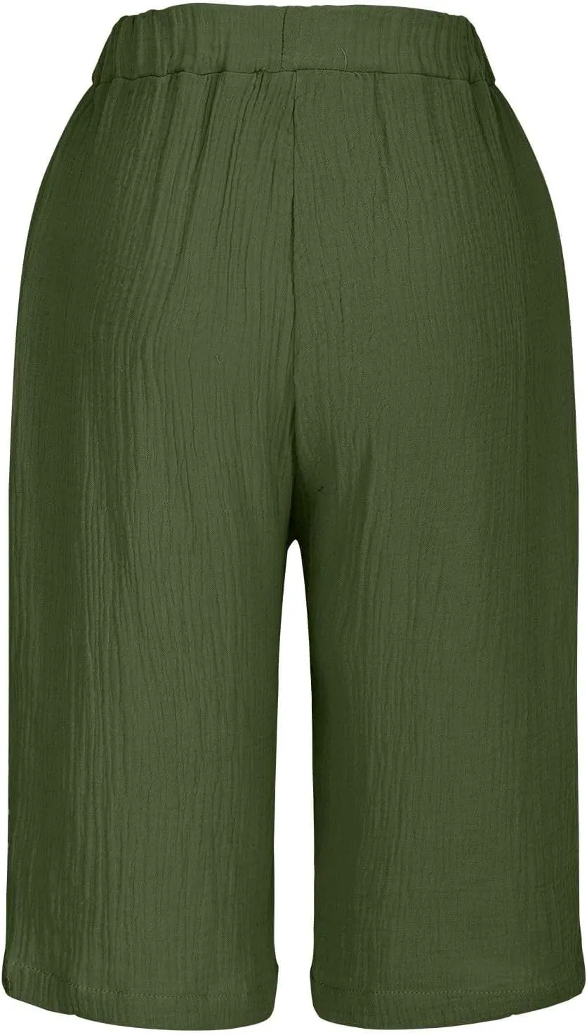 Linen Shorts for Women Knee Length High Waisted Casual Summer 2025 Straight Wide Leg Loose Drawstring Elastic Waist Trouser