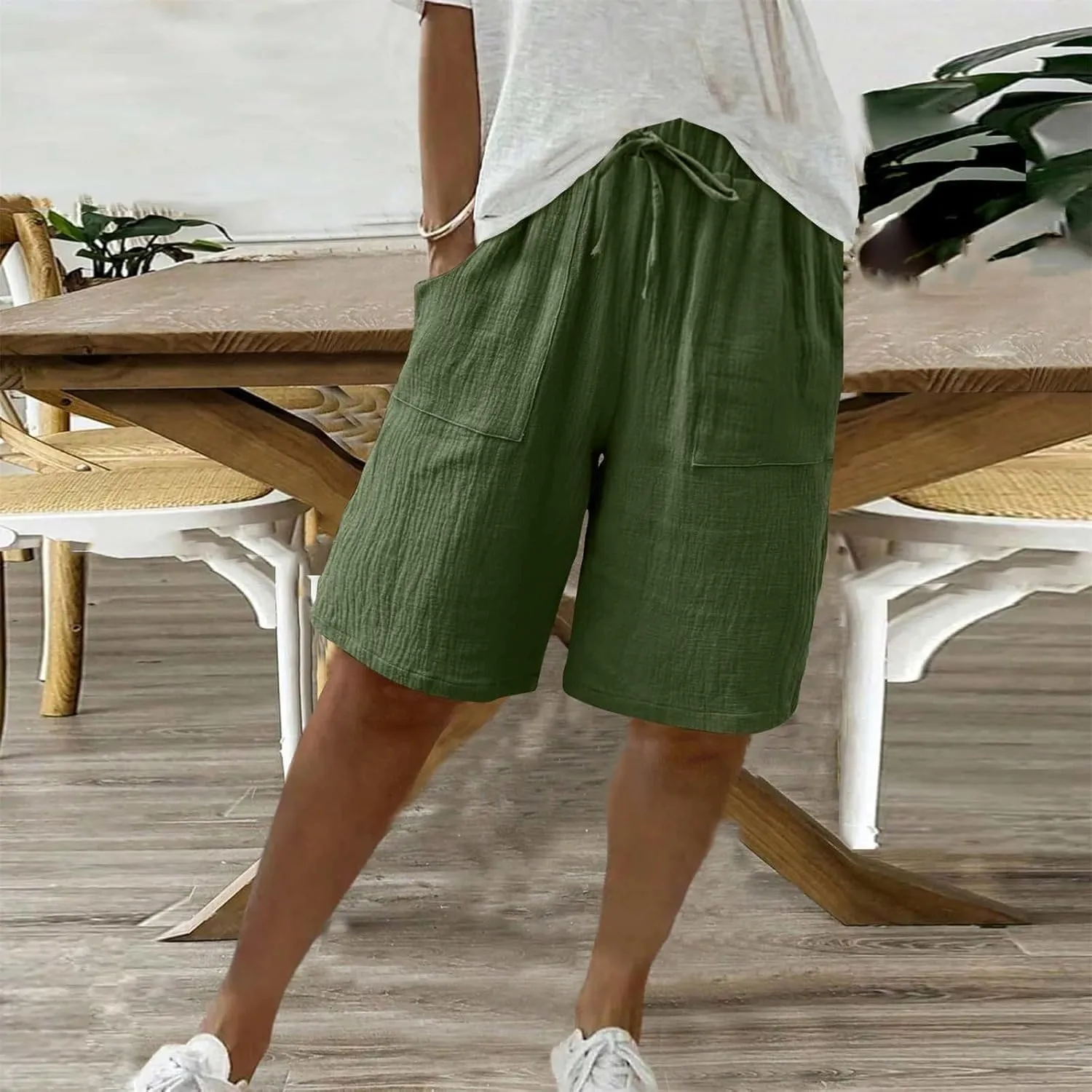 Linen Shorts for Women Knee Length High Waisted Casual Summer 2025 Straight Wide Leg Loose Drawstring Elastic Waist Trouser