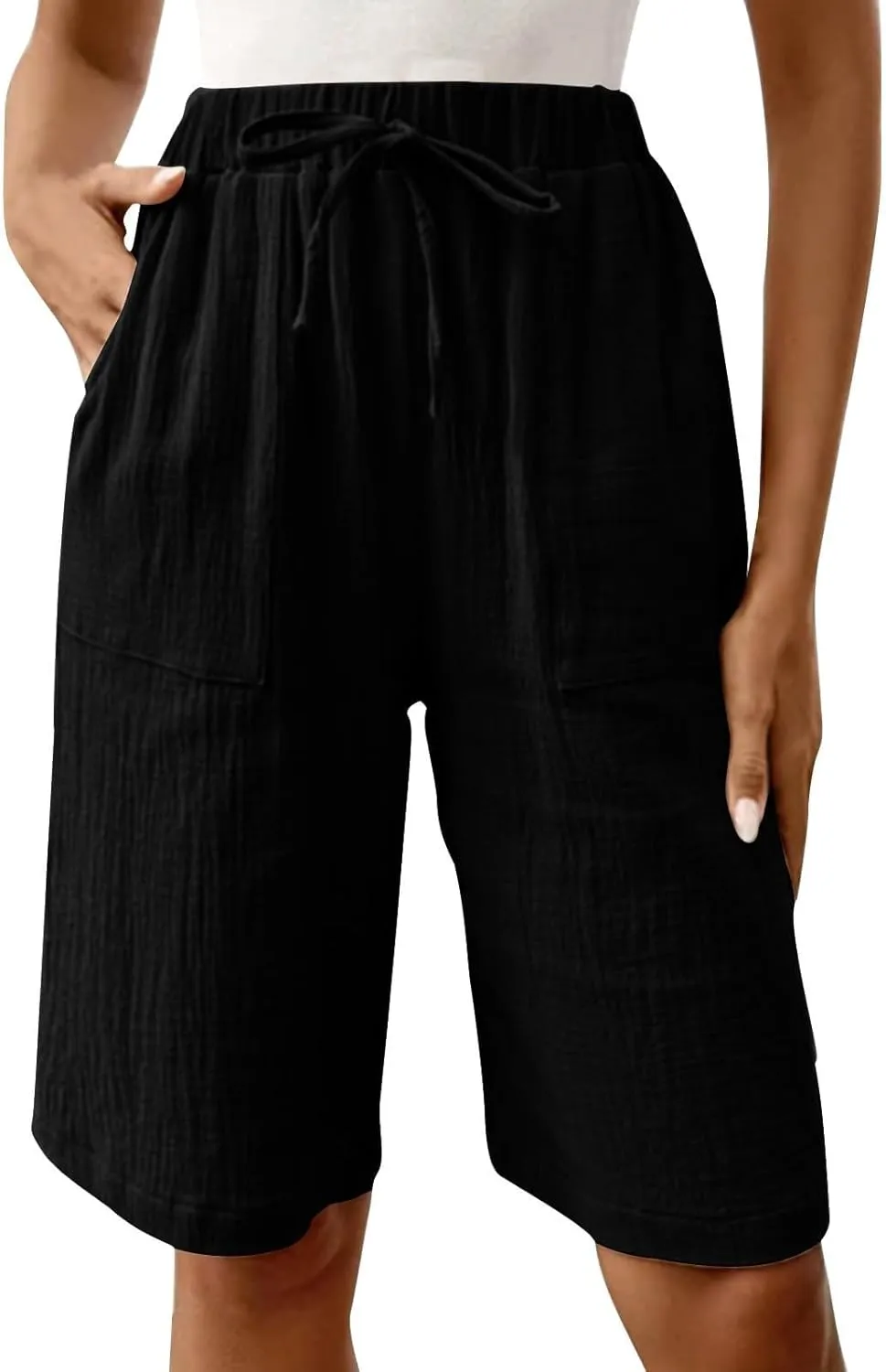 Linen Shorts for Women Knee Length High Waisted Casual Summer 2025 Straight Wide Leg Loose Drawstring Elastic Waist Trouser