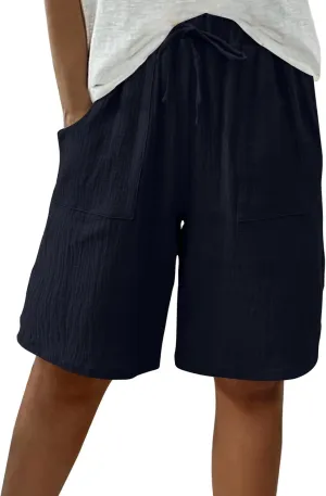 Linen Shorts for Women Knee Length High Waisted Casual Summer 2025 Straight Wide Leg Loose Drawstring Elastic Waist Trouser