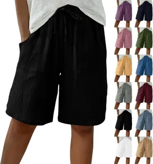 Linen Shorts for Women Knee Length High Waisted Casual Summer 2025 Straight Wide Leg Loose Drawstring Elastic Waist Trouser