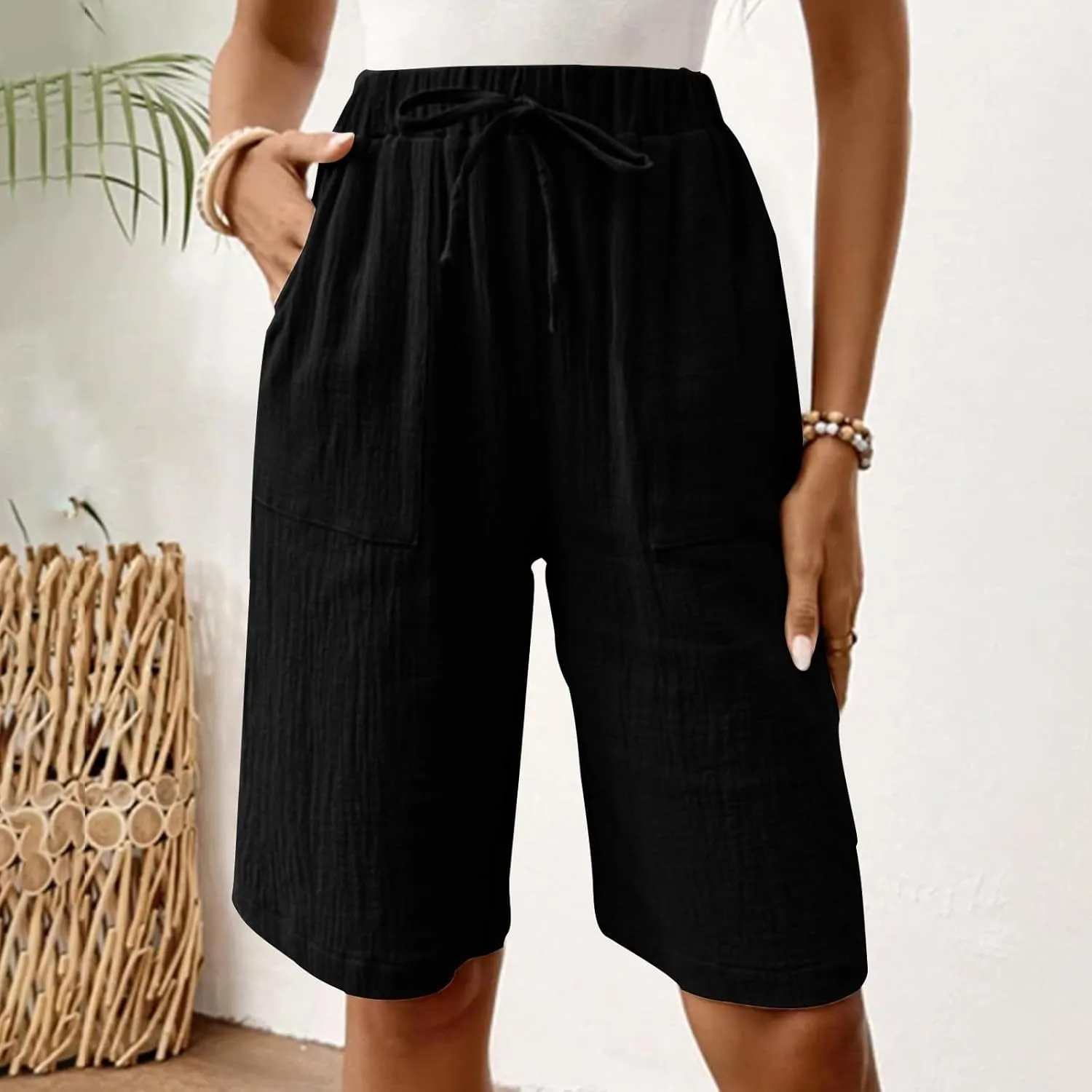 Linen Shorts for Women Knee Length High Waisted Casual Summer 2025 Straight Wide Leg Loose Drawstring Elastic Waist Trouser