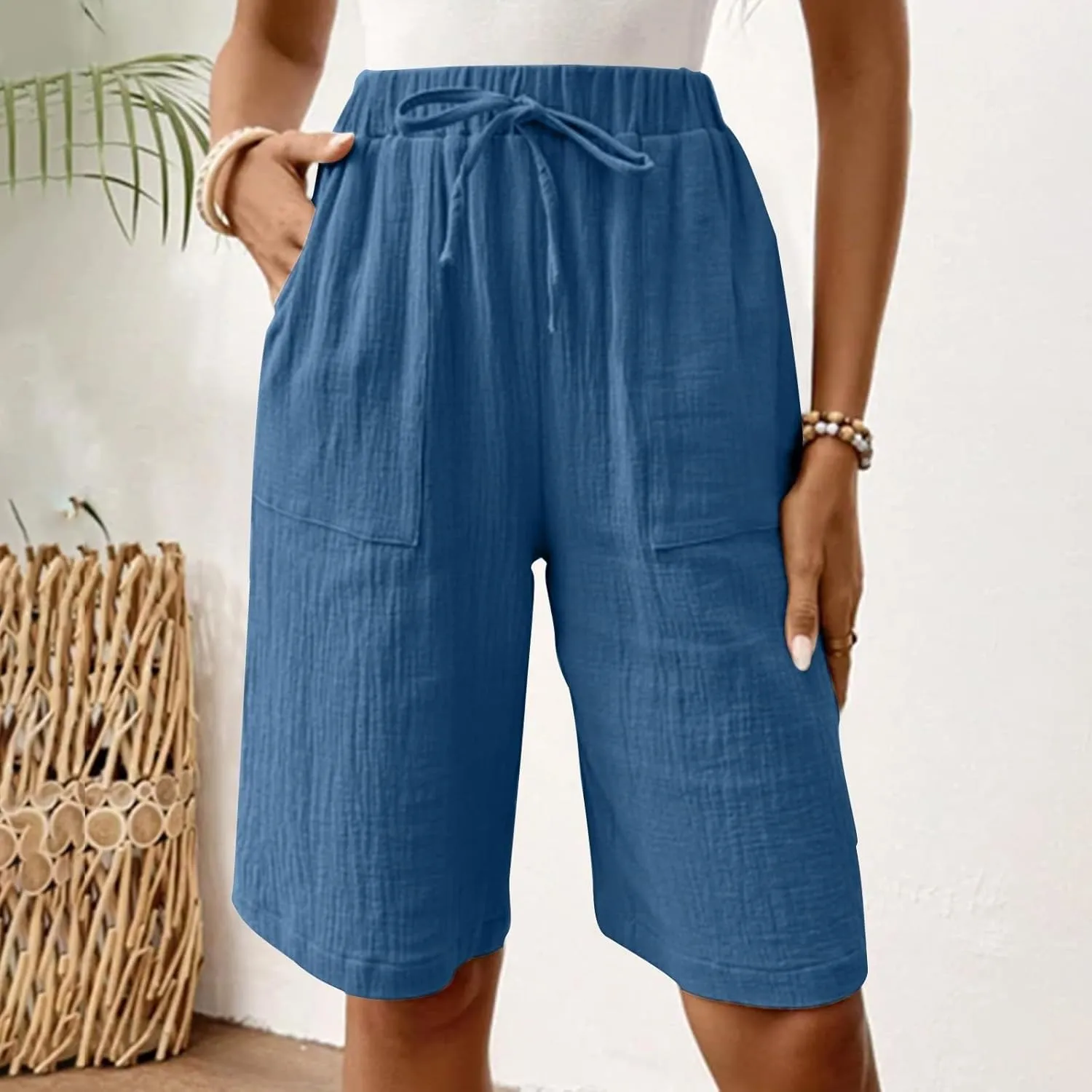 Linen Shorts for Women Knee Length High Waisted Casual Summer 2025 Straight Wide Leg Loose Drawstring Elastic Waist Trouser