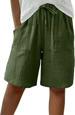 Linen Shorts for Women Knee Length High Waisted Casual Summer 2025 Straight Wide Leg Loose Drawstring Elastic Waist Trouser