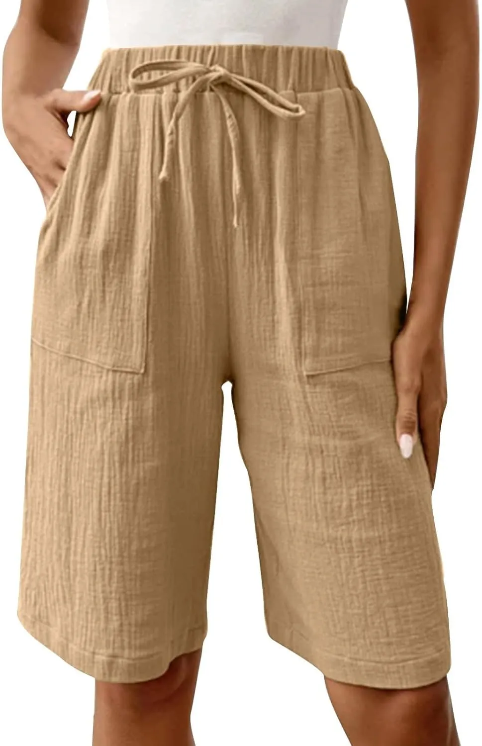 Linen Shorts for Women Knee Length High Waisted Casual Summer 2025 Straight Wide Leg Loose Drawstring Elastic Waist Trouser