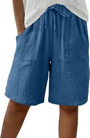 Linen Shorts for Women Knee Length High Waisted Casual Summer 2025 Straight Wide Leg Loose Drawstring Elastic Waist Trouser