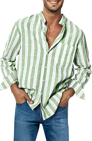 Long Sleeve Shirts for Men Button Up Cotton Linen Striped Casual Summer Dress Shirts Relaxed Fit Beach Work Tops with Pocket