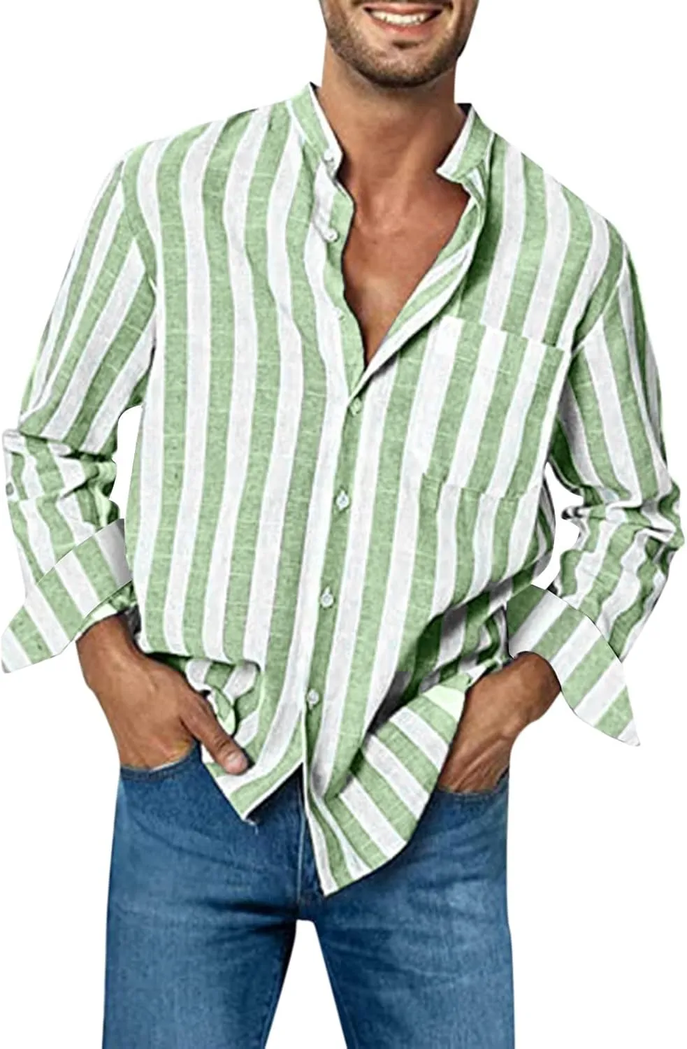 Long Sleeve Shirts for Men Button Up Cotton Linen Striped Casual Summer Dress Shirts Relaxed Fit Beach Work Tops with Pocket