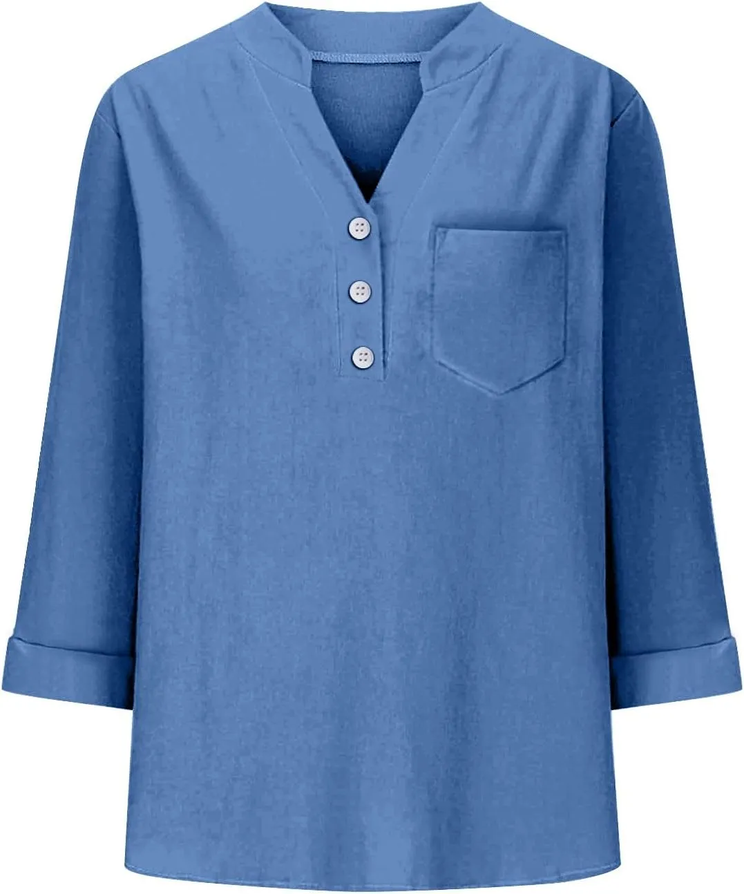 Loose Button Shirt V Neck for Woman Cotton Linen Soft Comfortable Top Solid Color Sleeve Collar Casual Shirt
