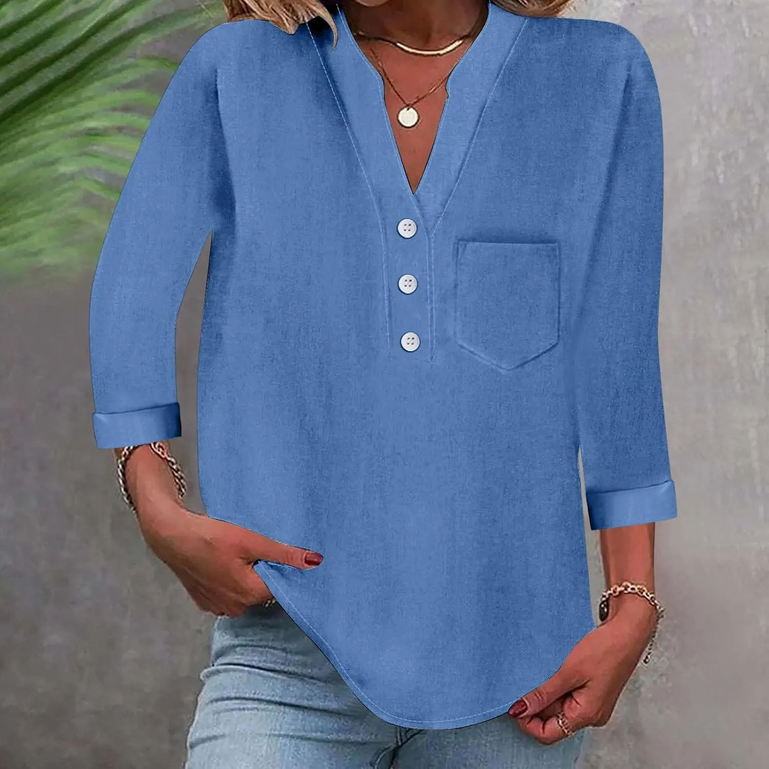 Loose Button Shirt V Neck for Woman Cotton Linen Soft Comfortable Top Solid Color Sleeve Collar Casual Shirt