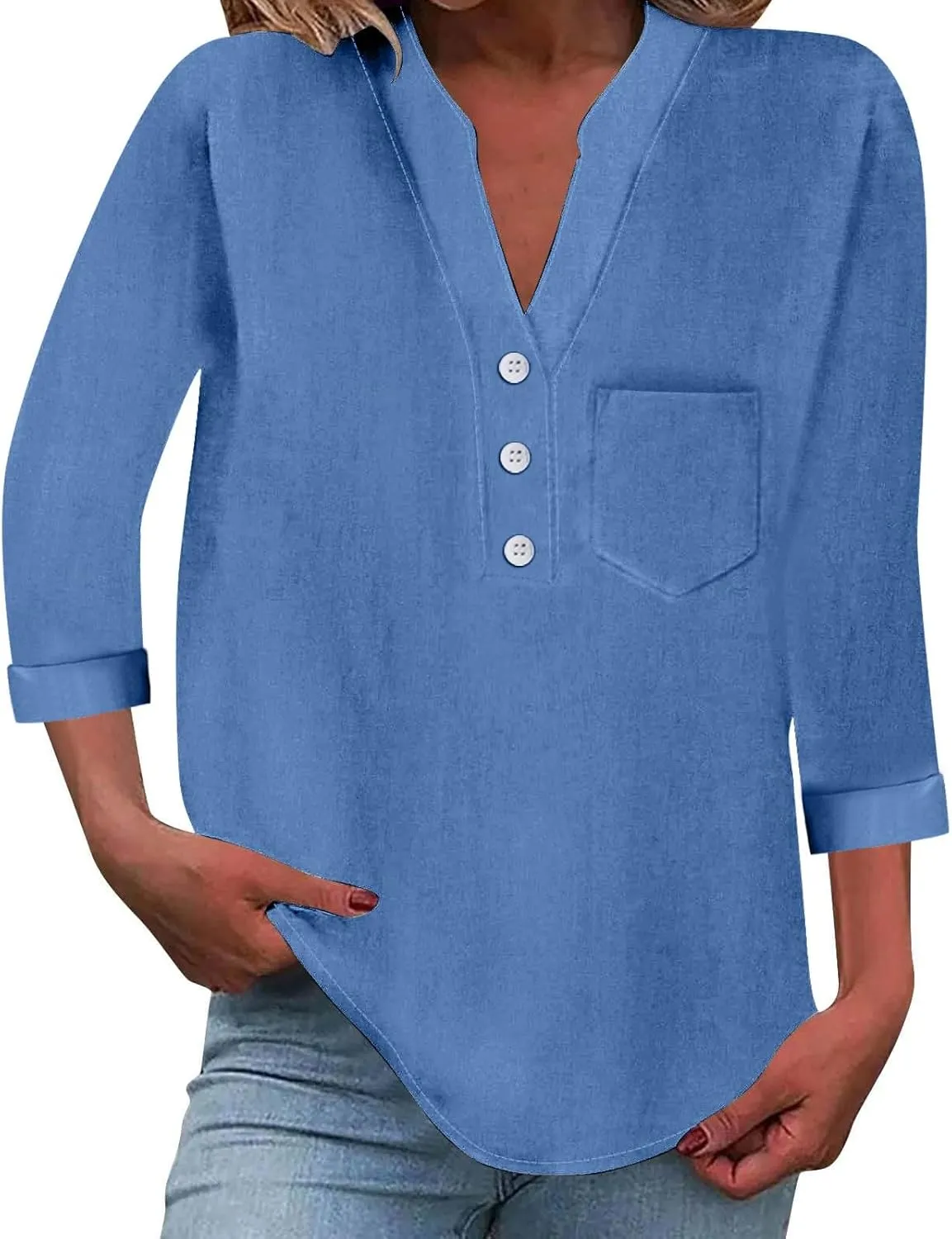 Loose Button Shirt V Neck for Woman Cotton Linen Soft Comfortable Top Solid Color Sleeve Collar Casual Shirt