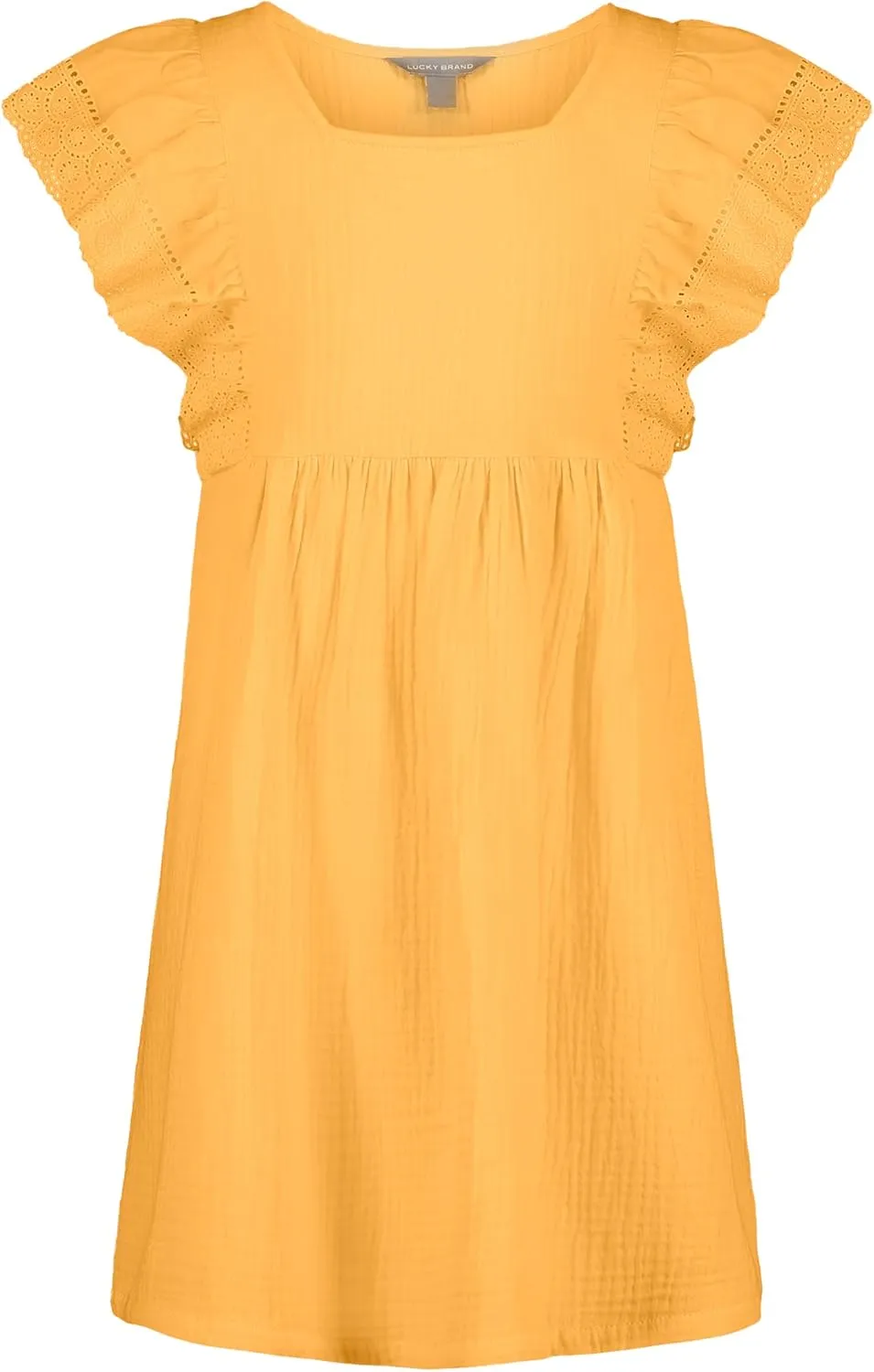 Lucky Brand Girls' Short Sleeve Square Neck Dress with Eyelet Flutter Sleeves