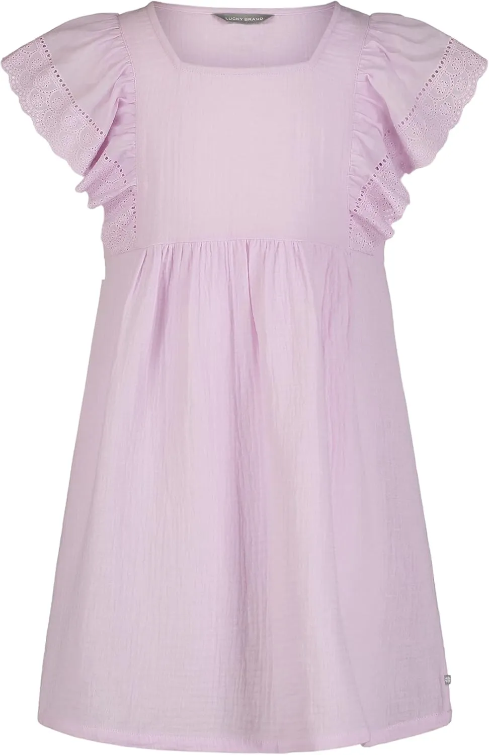 Lucky Brand Girls' Short Sleeve Square Neck Dress with Eyelet Flutter Sleeves