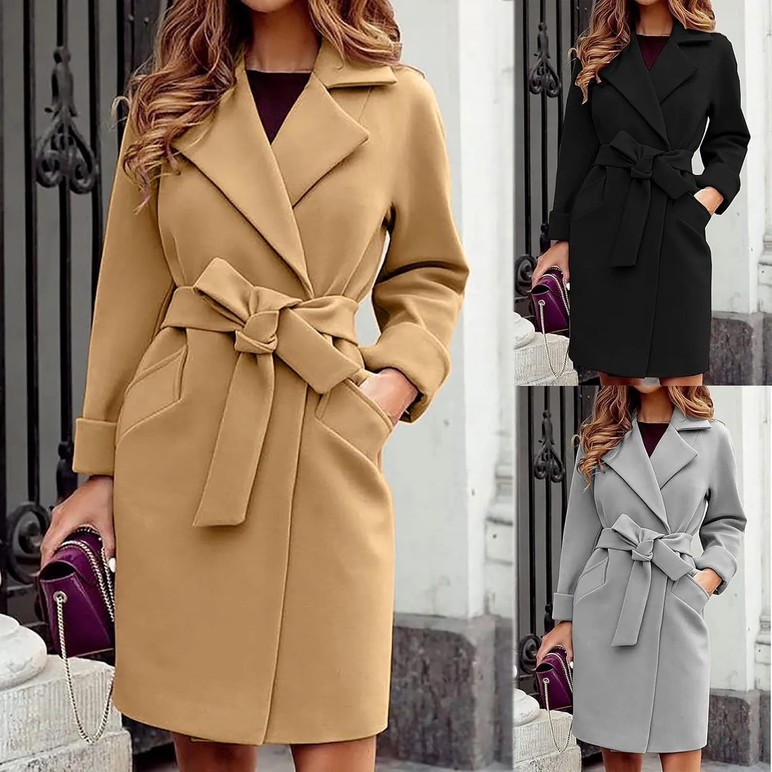 maisdgop Trench Coat for Women Winter Lapel Woolen Cloth Peacoats Open Front Windbreaker Long Sleeve Overcoat with Pockets