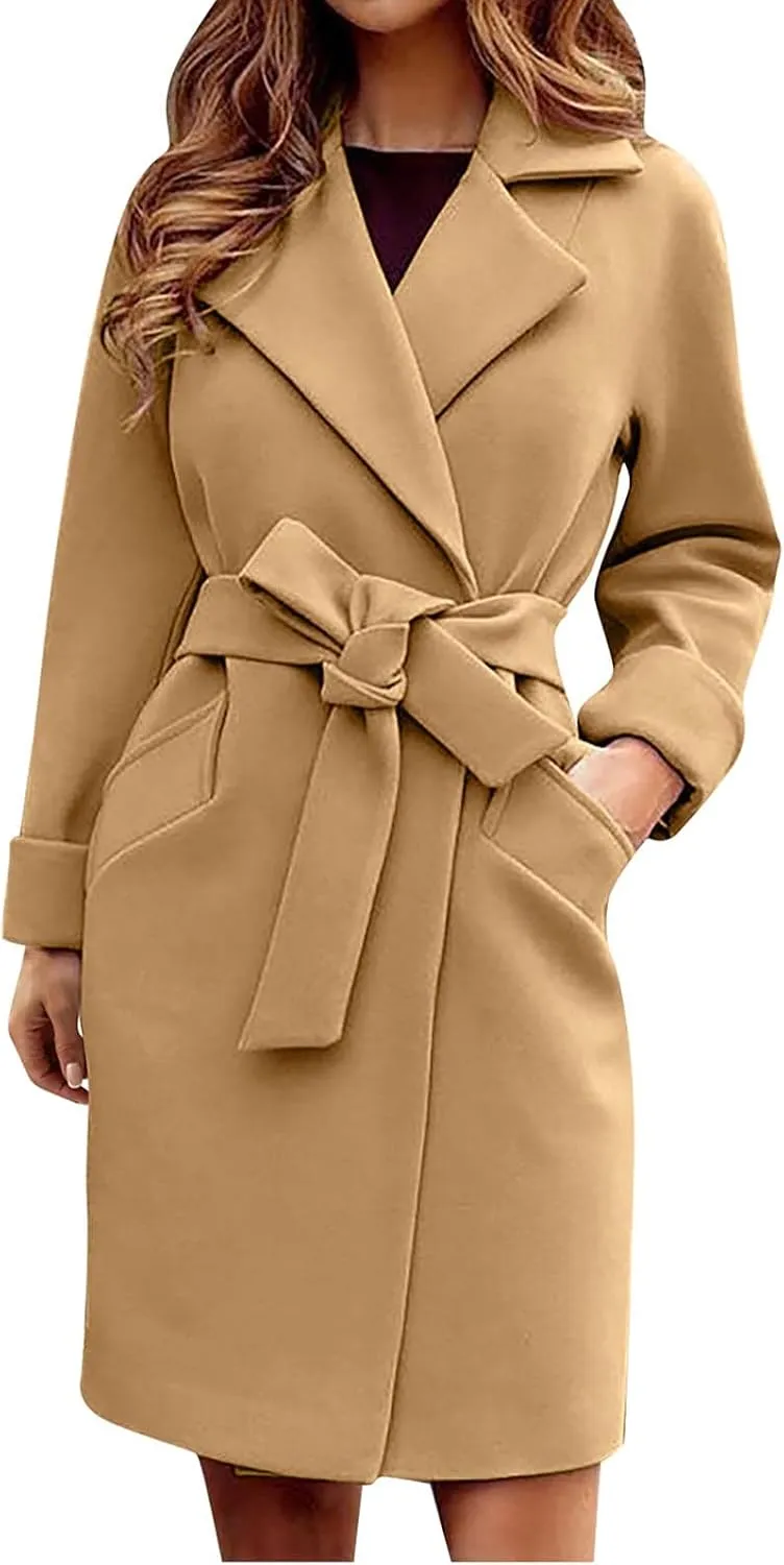 maisdgop Trench Coat for Women Winter Lapel Woolen Cloth Peacoats Open Front Windbreaker Long Sleeve Overcoat with Pockets
