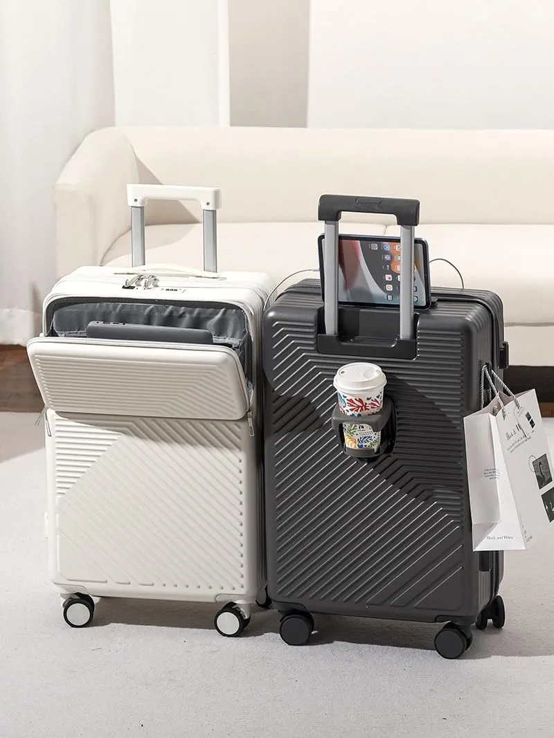 Medium Checked Luggage White Travel Suitcase with Cup Holder - 26in Carry-On Suitcase with 360 Directional Wheels for Easy Travel(3,22in)