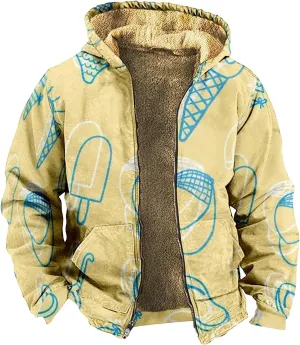 Men Coats Winter Print Zipper Hooded Warm Windbreaker Jackets Oversized Heavy Hoodie