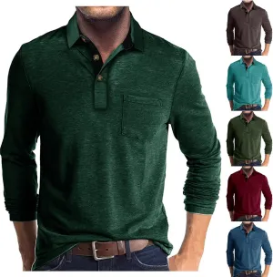 Men Fall Winter Polo Shirts Long Sleeved Flip Collar Tops Pocket Button V Neck T Shirts Golf Casual Sports Tops