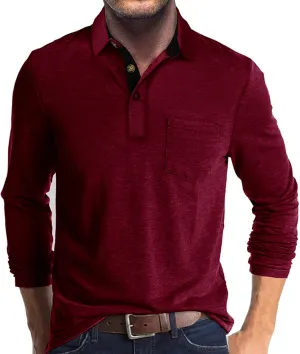 Men Fall Winter Polo Shirts Long Sleeved Flip Collar Tops Pocket Button V Neck T Shirts Golf Casual Sports Tops