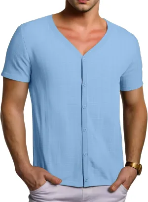 Men Viscose Pajama Top Button Up for Sleep, or Casual V Neck Short Sleeve, Breathable Summer Cardigan Style