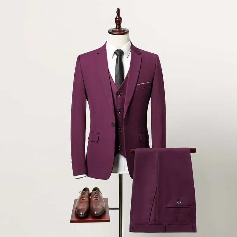 Men's 3 Piece Solid Suit in 4 Colors One Button