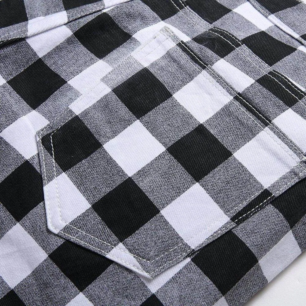Mens Black And White Plaid Printed Jeans Straight Leg