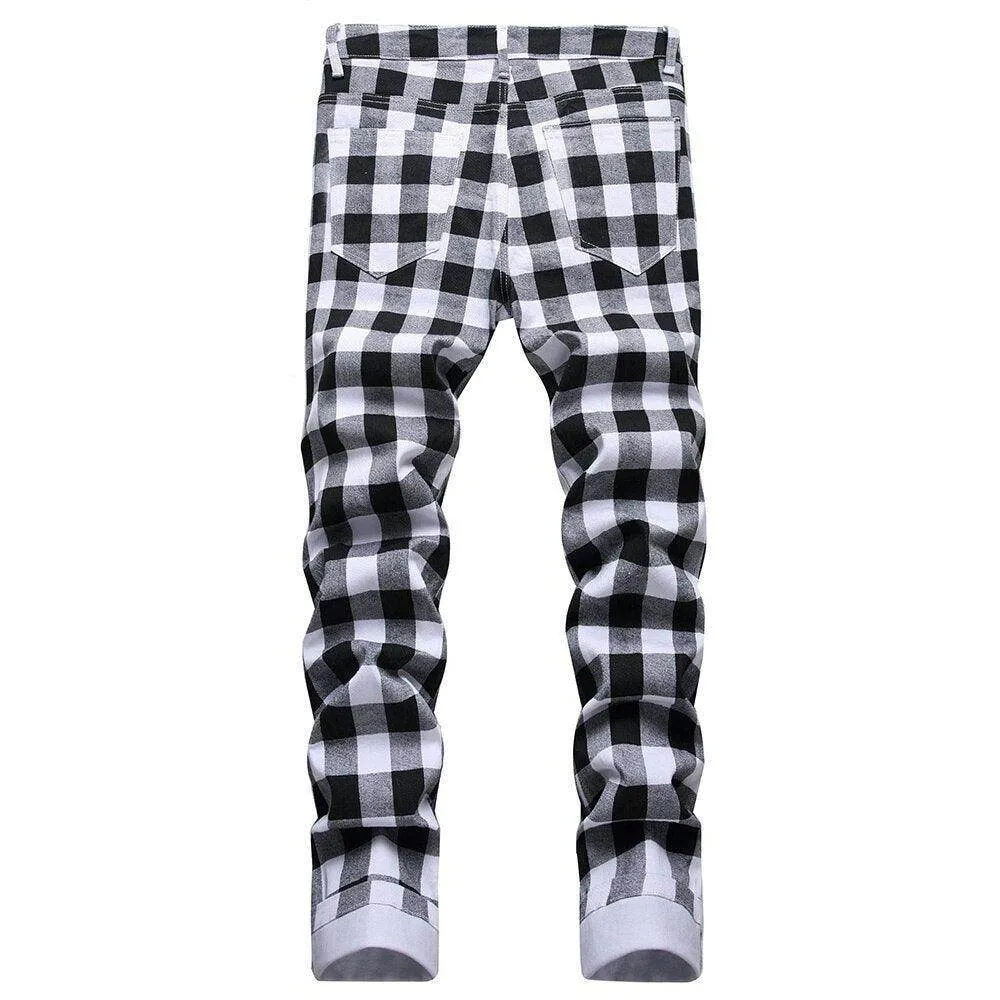 Mens Black And White Plaid Printed Jeans Straight Leg
