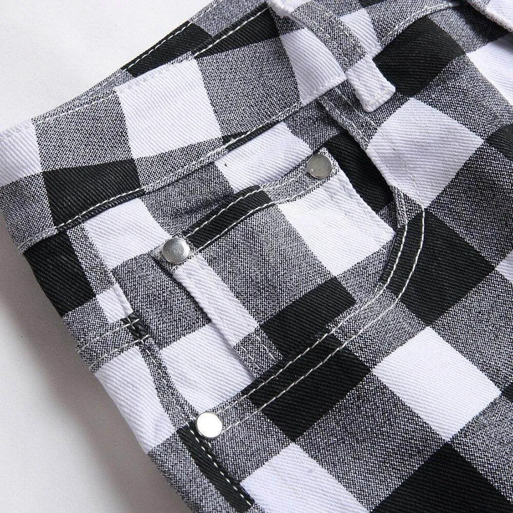 Mens Black And White Plaid Printed Jeans Straight Leg