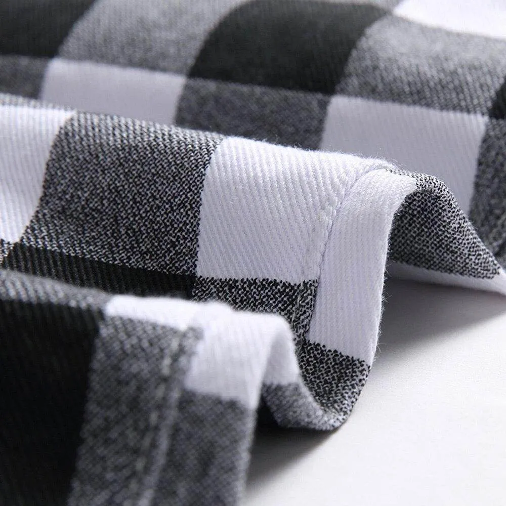 Mens Black And White Plaid Printed Jeans Straight Leg