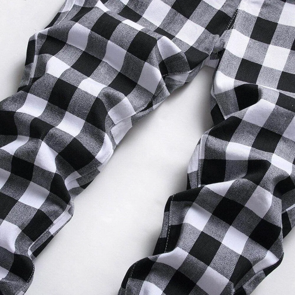 Mens Black And White Plaid Printed Jeans Straight Leg