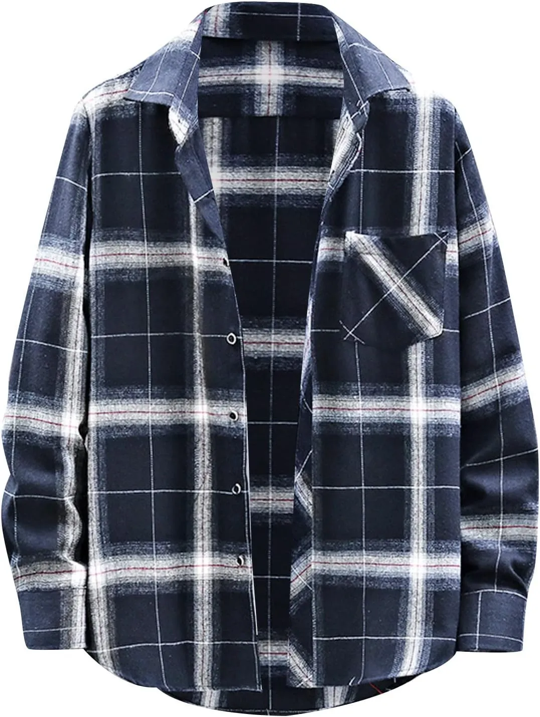 Men's Black Cotton Plaid Flannel Shirt Jacket, Long Sleeve, Point Collar, Casual, Western Style, Size Medium, XL