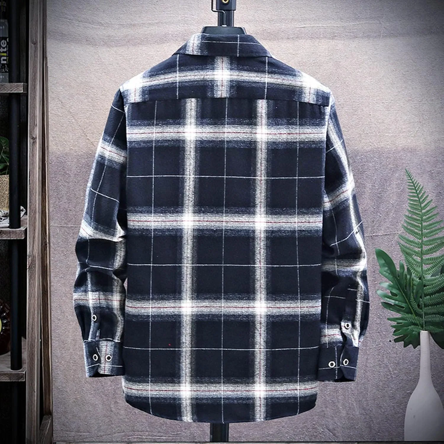 Men's Black Cotton Plaid Flannel Shirt Jacket, Long Sleeve, Point Collar, Casual, Western Style, Size Medium, XL