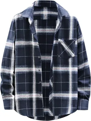 Men's Black Cotton Plaid Flannel Shirt Jacket, Long Sleeve, Point Collar, Casual, Western Style, Size Medium, XL