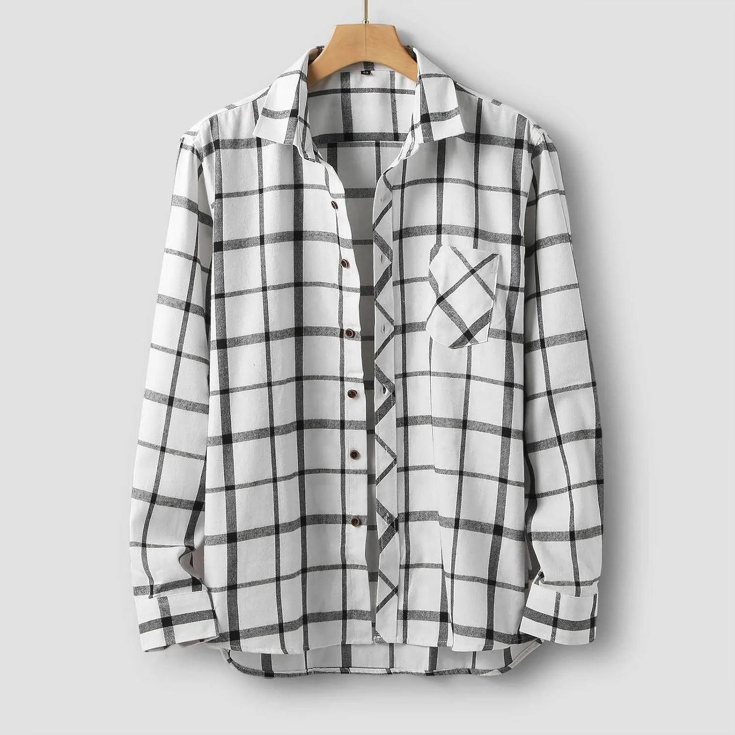 Men's Black Cotton Plaid Flannel Shirt Jacket, Long Sleeve, Point Collar, Casual, Western Style, Size Medium, XL