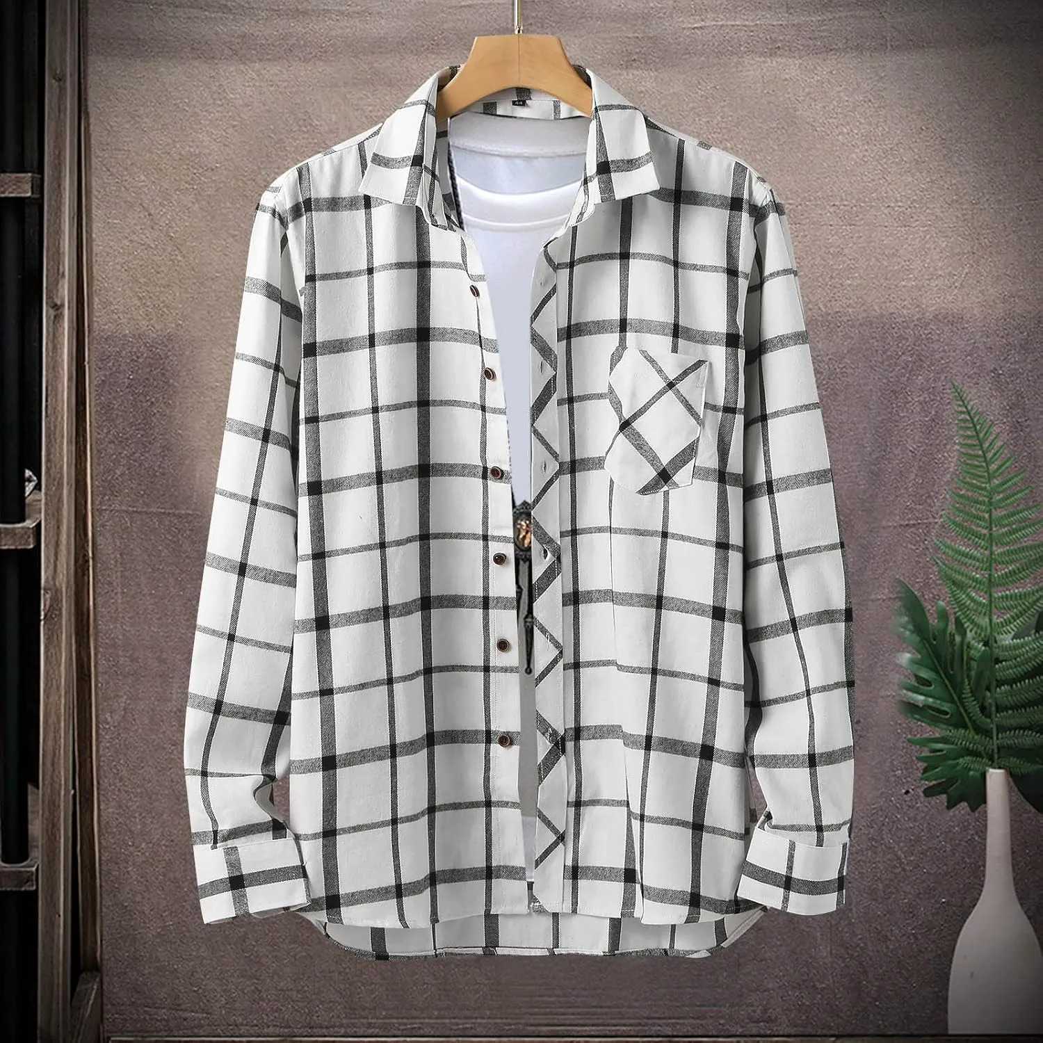 Men's Black Cotton Plaid Flannel Shirt Jacket, Long Sleeve, Point Collar, Casual, Western Style, Size Medium, XL