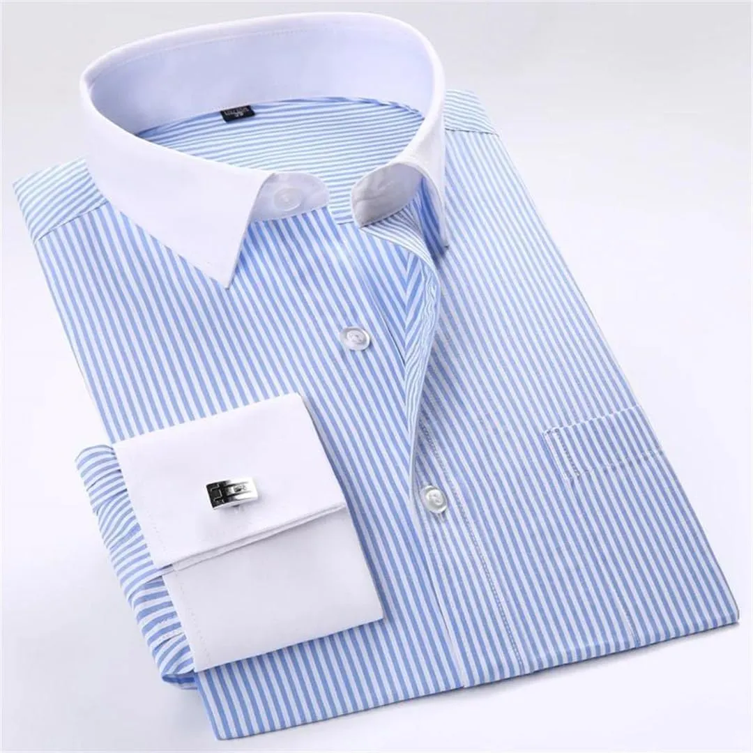 Men's Business Contrast Collar French Cuff Dress Shirts Single Patch Pocket Long Sleeve Social Wedding Shirt