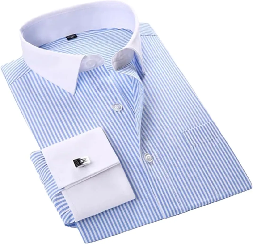 Men's Business Contrast Collar French Cuff Dress Shirts Single Patch Pocket Long Sleeve Social Wedding Shirt