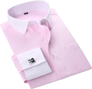 Men's Business Contrast Collar French Cuff Dress Shirts Single Patch Pocket Long Sleeve Social Wedding Shirt