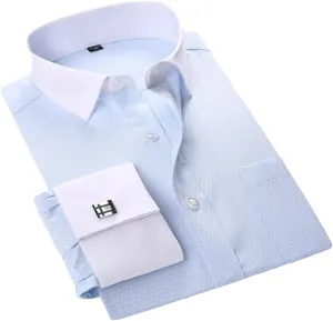Men's Business Contrast Collar French Cuff Dress Shirts Single Patch Pocket Long Sleeve Social Wedding Shirt