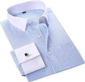 Men's Business Contrast Collar French Cuff Dress Shirts Single Patch Pocket Long Sleeve Social Wedding Shirt