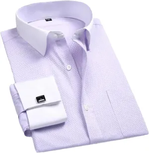 Men's Business Contrast Collar French Cuff Dress Shirts Single Patch Pocket Long Sleeve Social Wedding Shirt