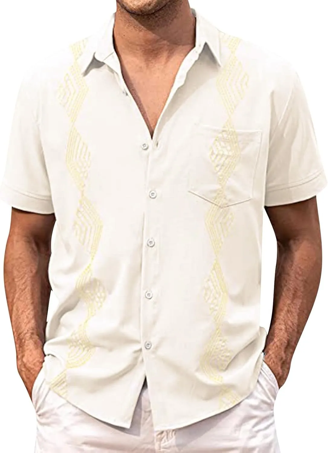 Men's Button Down Guayabera Shirts Cotton Linen Beach Summer Casual Shirts Top Mexican Embroidered Cuban Wedding Shirt