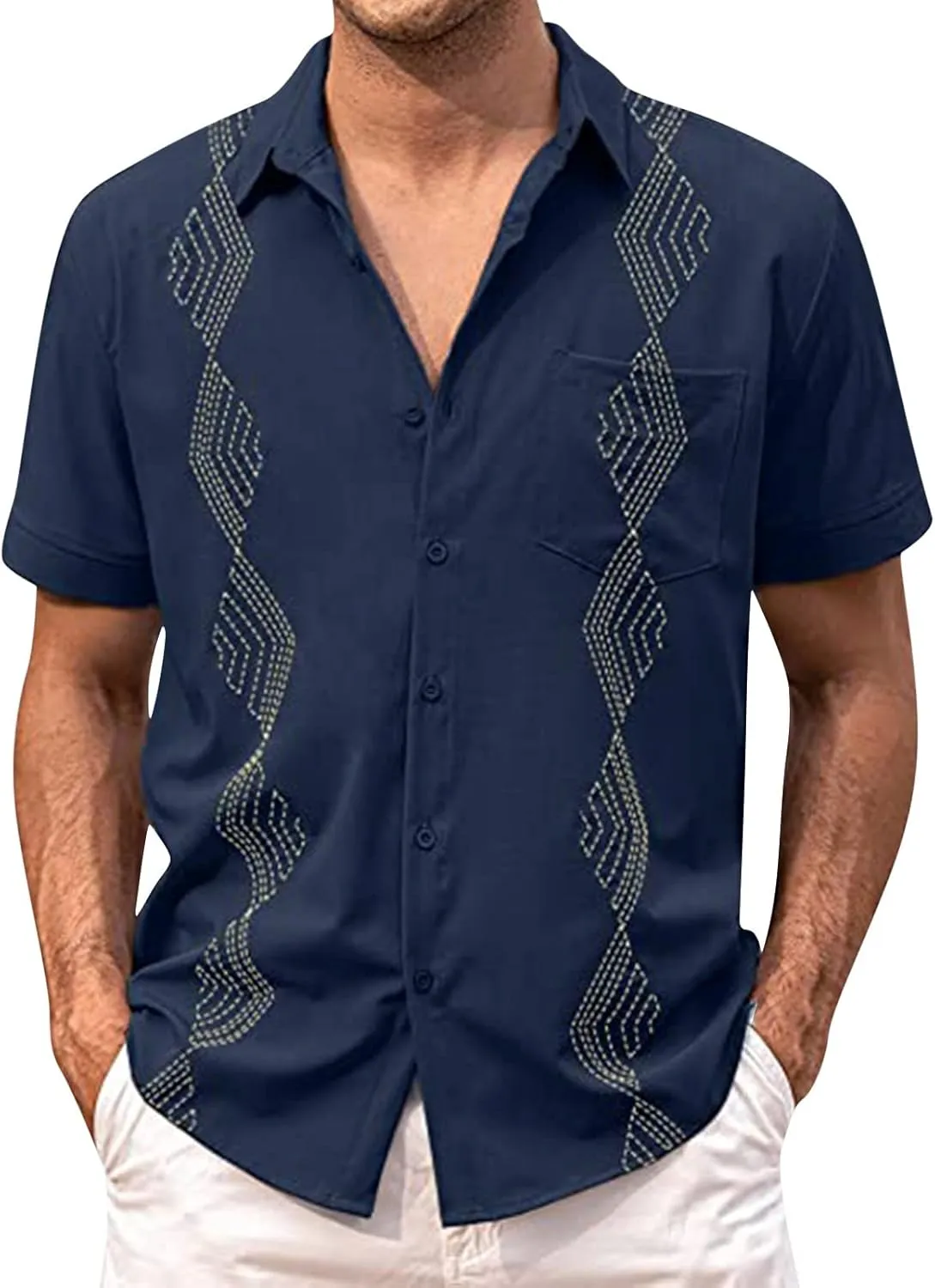 Men's Button Down Guayabera Shirts Cotton Linen Beach Summer Casual Shirts Top Mexican Embroidered Cuban Wedding Shirt